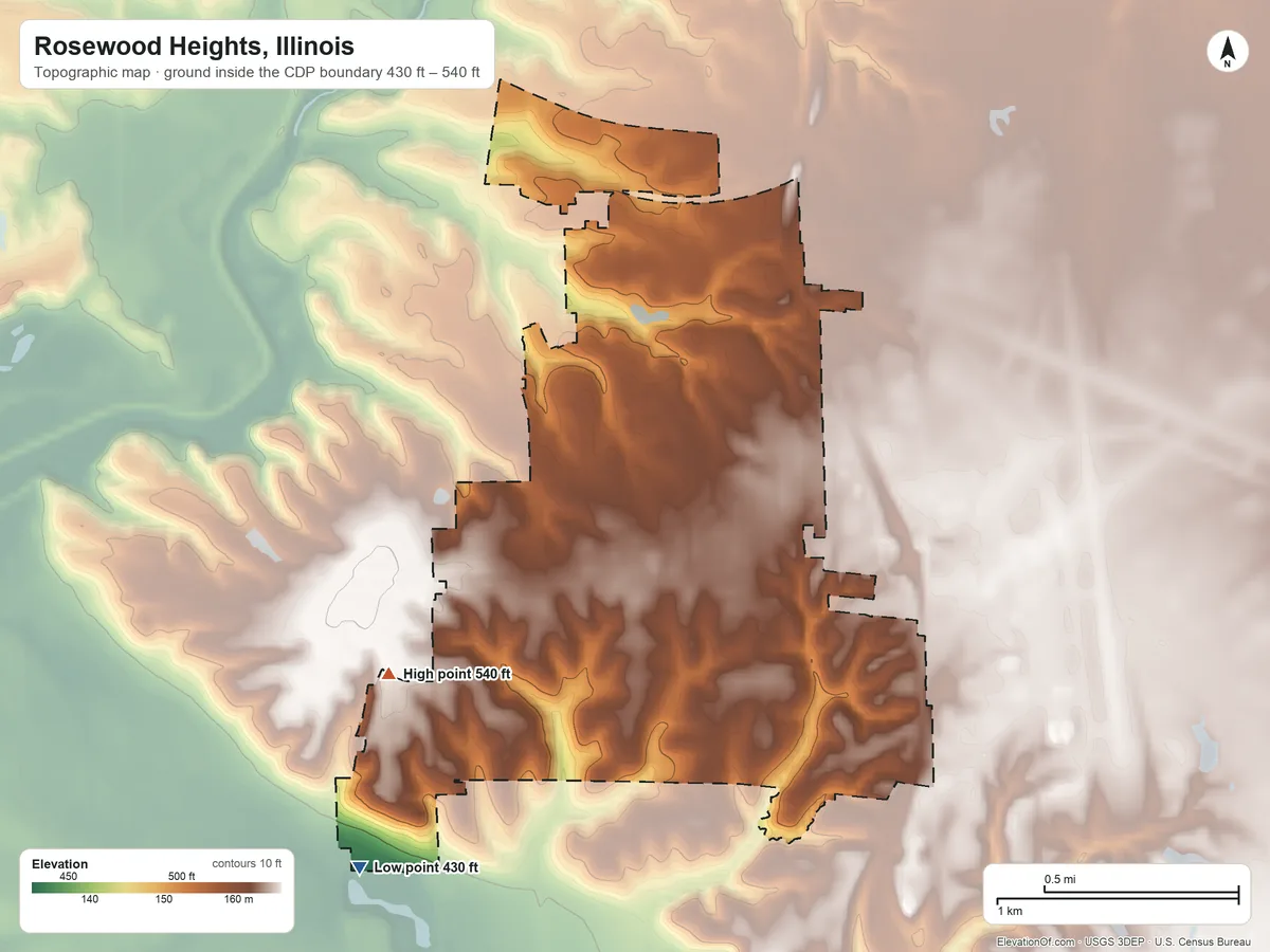 Topographic elevation map of Rosewood Heights, Illinois, shaded from 430 ft on the southwest side to 540 ft on the southwest side