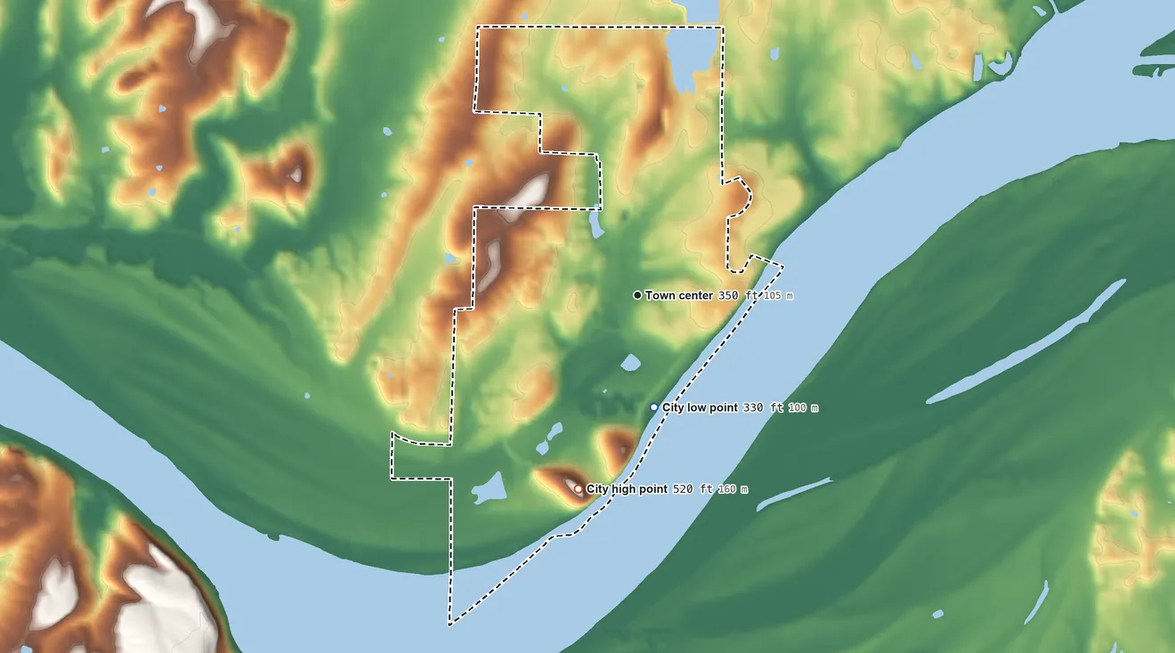 Topographic elevation map of Rosiclare, Illinois, shaded from 330 ft on the south side to 520 ft on the south side