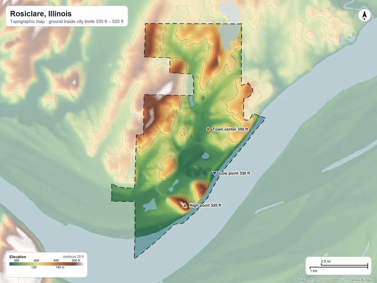 Topographic elevation map of Rosiclare, Illinois, shaded from 330 ft on the south side to 520 ft on the south side