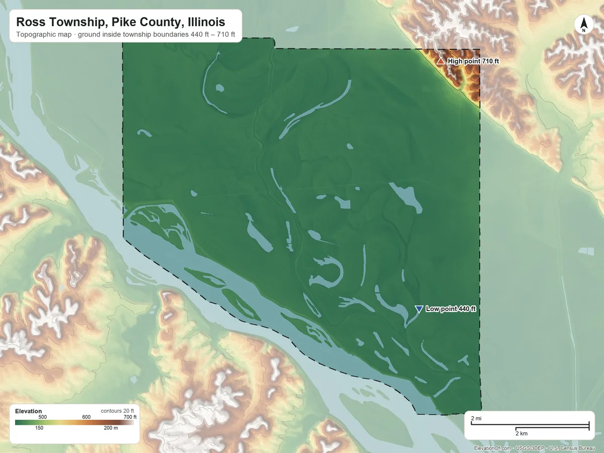 Topographic elevation map of Ross Township, Pike County, Illinois, shaded from 440 ft on the southeast side to 710 ft on the northeast side
