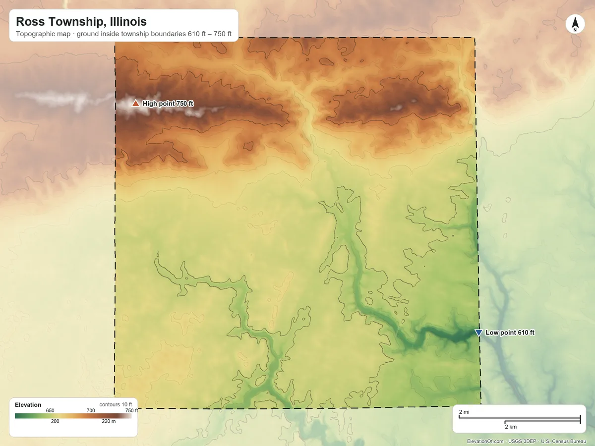 Topographic elevation map of Ross Township, Illinois, shaded from 610 ft on the east side to 750 ft on the northwest side