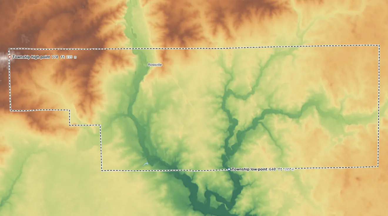 Topographic elevation map of Ross Township, Vermilion County, Illinois, shaded from 640 ft on the southeast side to 770 ft on the west side