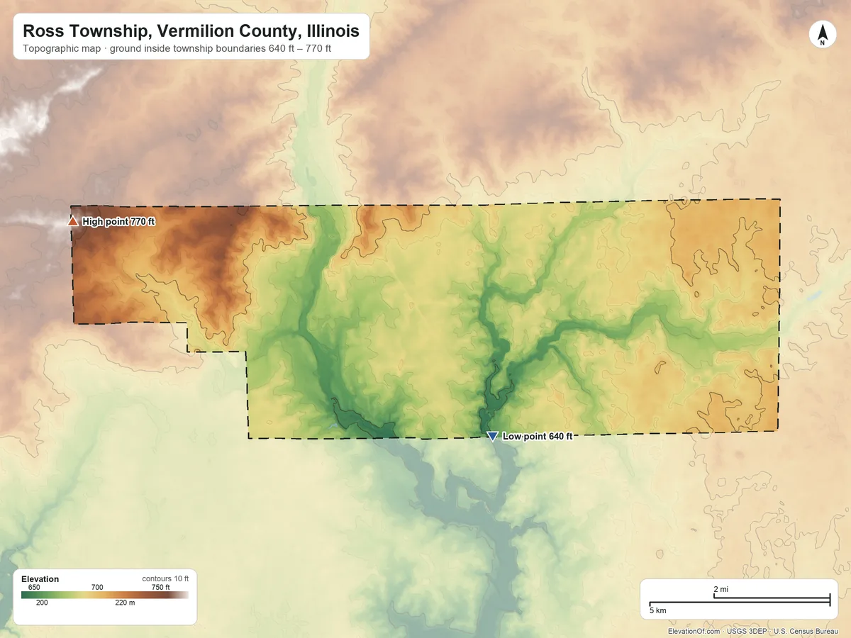 Topographic elevation map of Ross Township, Vermilion County, Illinois, shaded from 640 ft on the southeast side to 770 ft on the west side