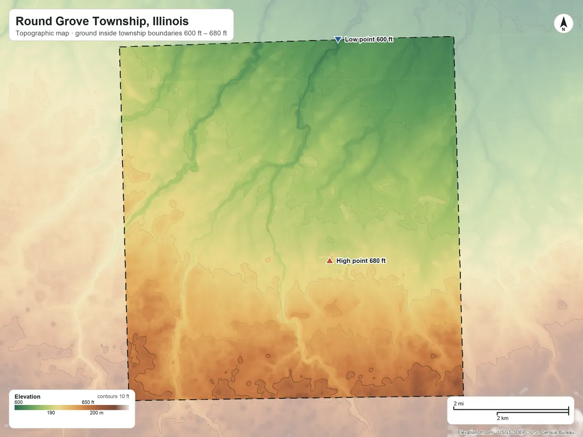 Topographic elevation map of Round Grove Township, Illinois, shaded from 600 ft on the north side to 680 ft near the middle