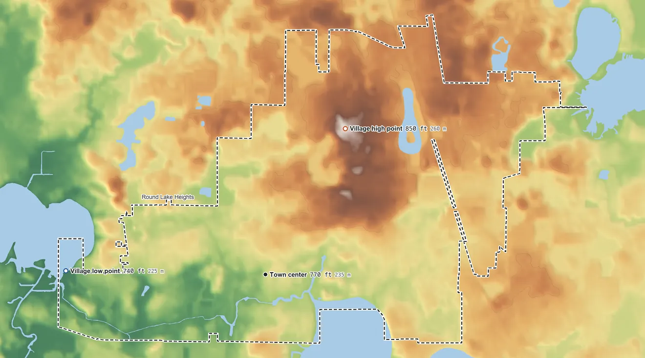 Topographic elevation map of Round Lake Beach, Illinois, shaded from 740 ft on the west side to 850 ft on the northeast side