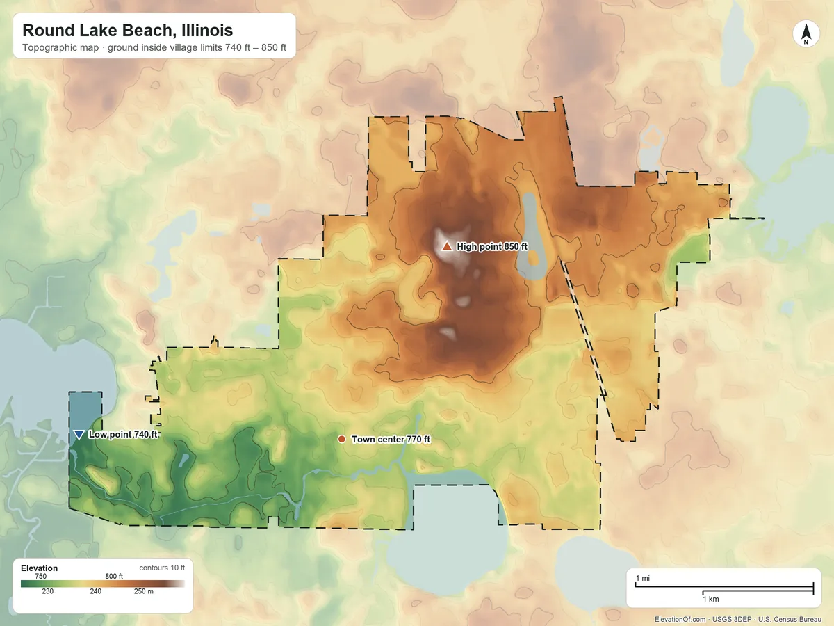 Topographic elevation map of Round Lake Beach, Illinois, shaded from 740 ft on the west side to 850 ft on the northeast side