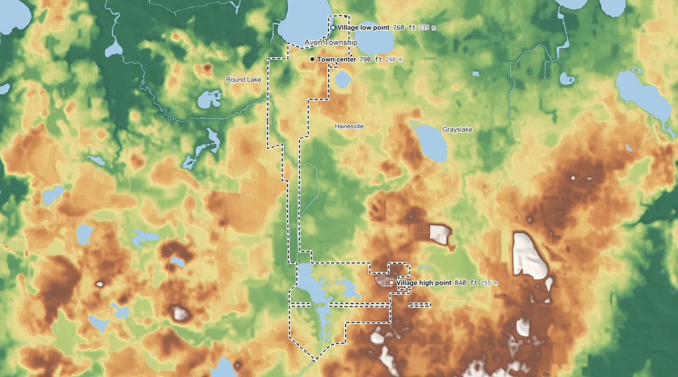 Topographic elevation map of Round Lake Park, Illinois, shaded from 760 ft on the northeast side to 840 ft on the south side