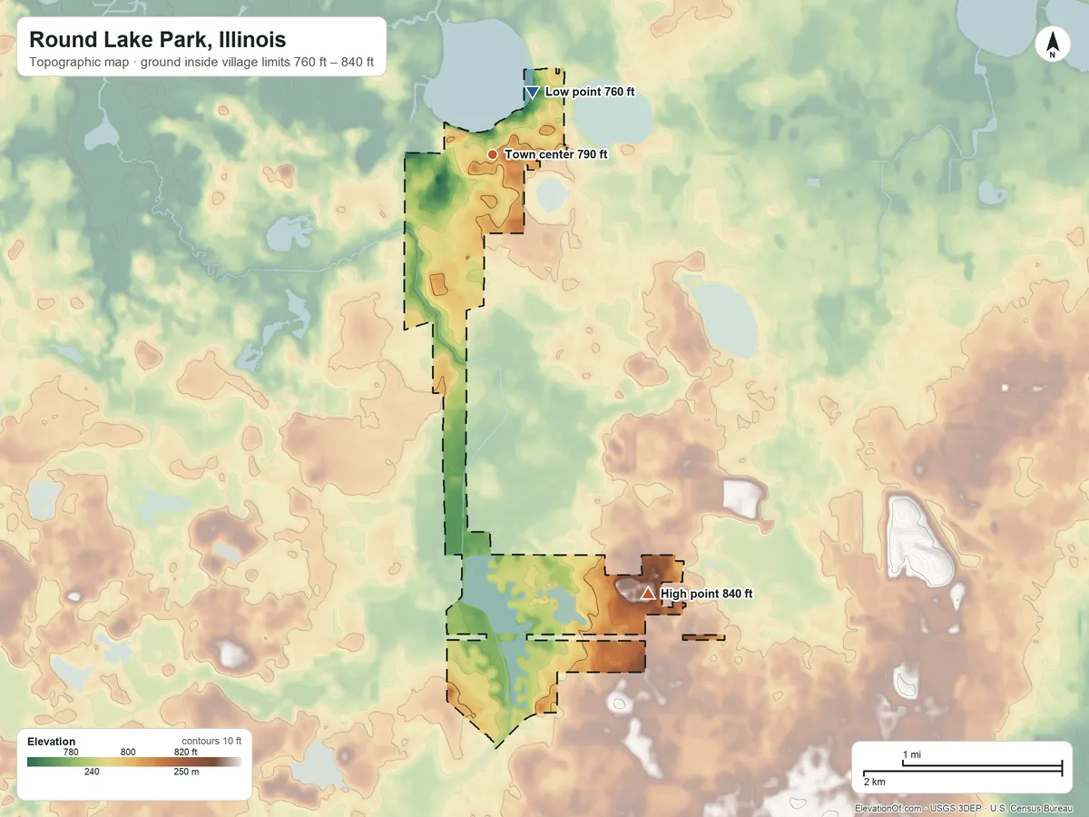 Topographic elevation map of Round Lake Park, Illinois, shaded from 760 ft on the northeast side to 840 ft on the south side