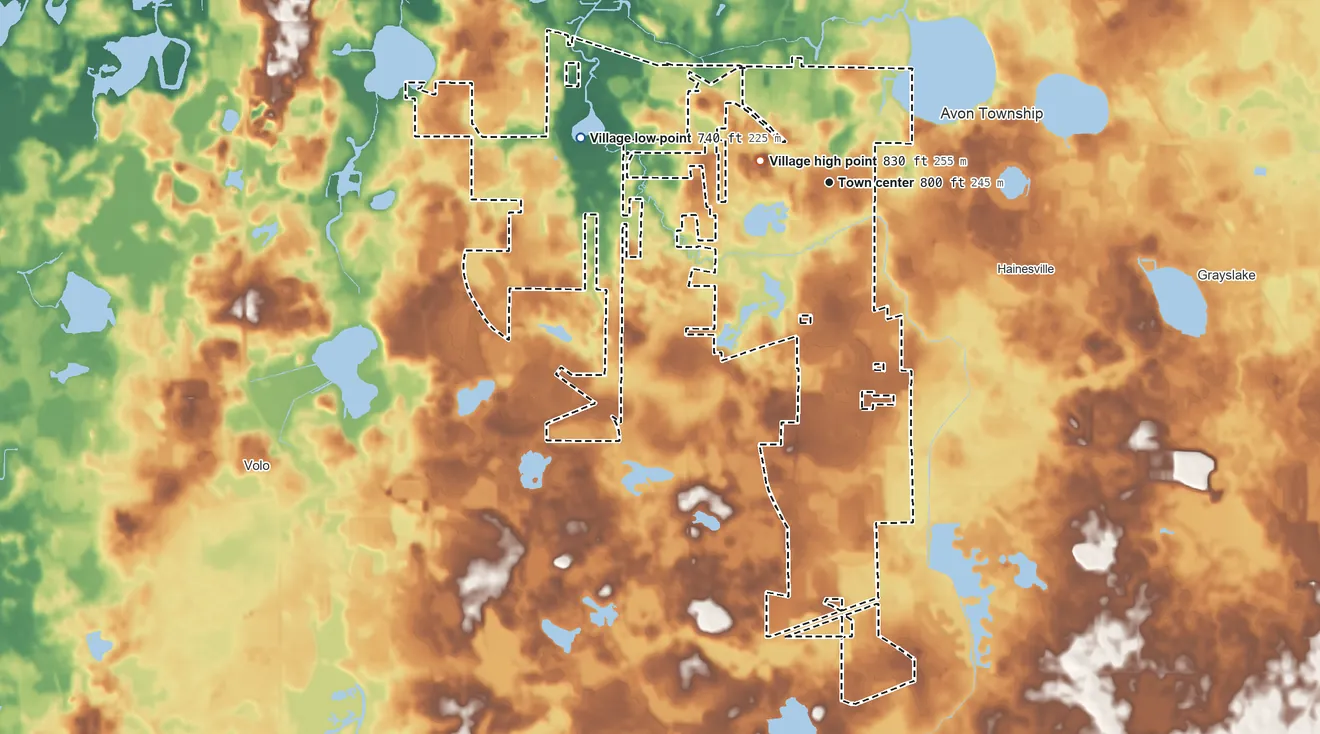 Topographic elevation map of Round Lake, Illinois, shaded from 740 ft on the west side to 830 ft near the middle