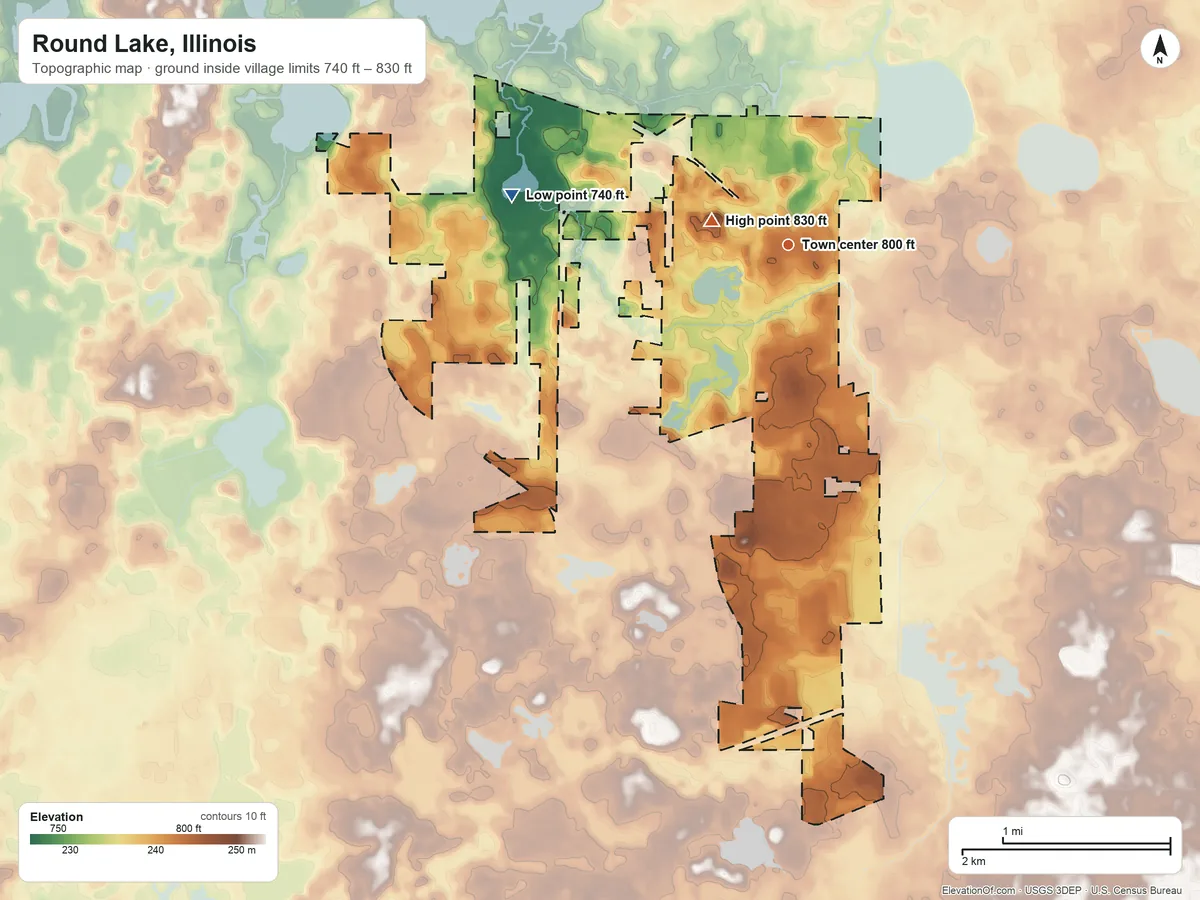 Topographic elevation map of Round Lake, Illinois, shaded from 740 ft on the west side to 830 ft near the middle