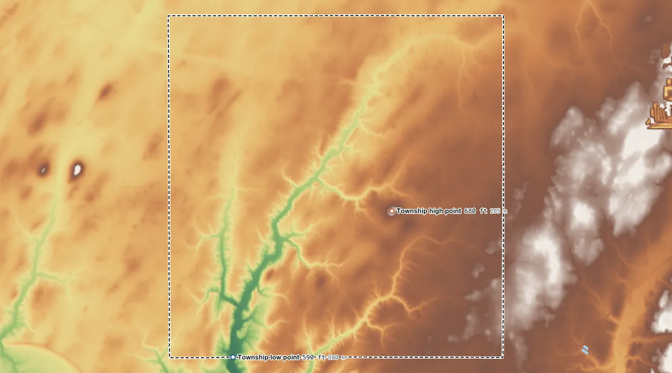 Topographic elevation map of Rountree Township, Illinois, shaded from 590 ft on the southwest side to 680 ft on the southeast side