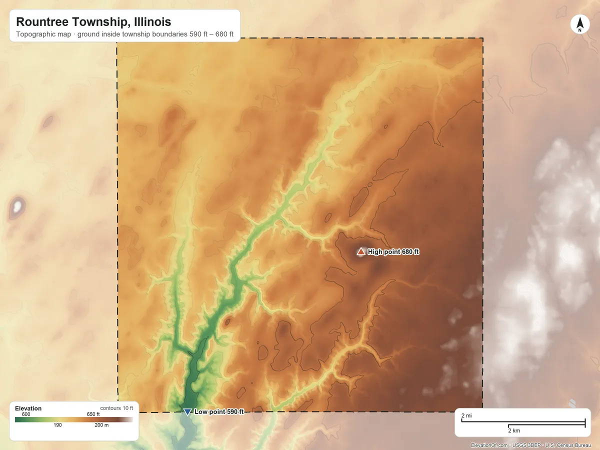 Topographic elevation map of Rountree Township, Illinois, shaded from 590 ft on the southwest side to 680 ft on the southeast side
