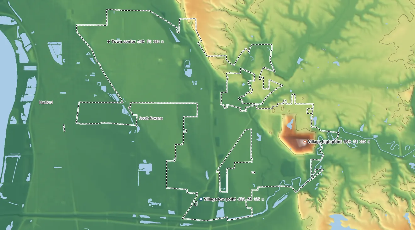 Topographic elevation map of Roxana, Illinois, shaded from 420 ft on the southeast side to 690 ft on the southeast side
