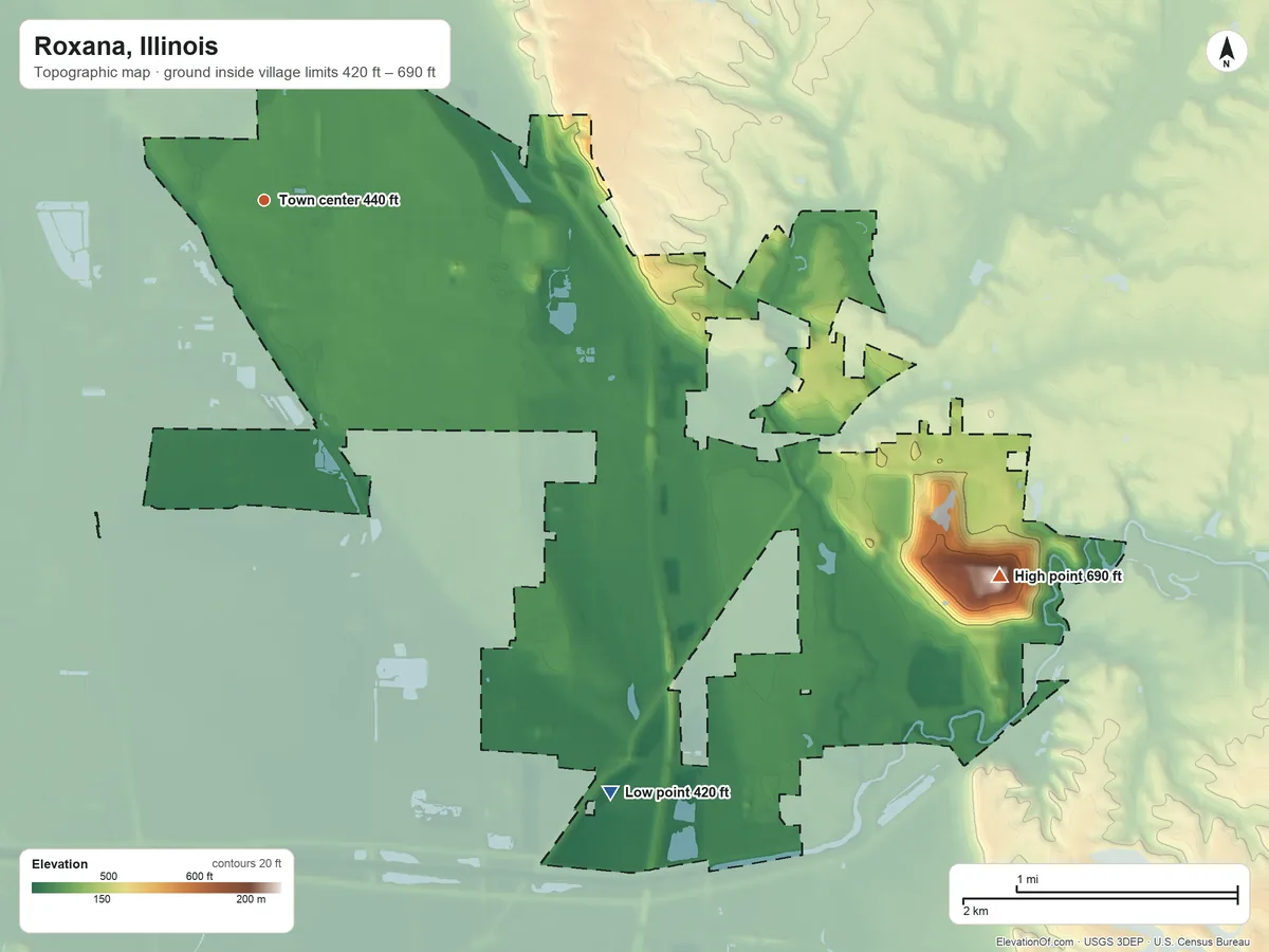 Topographic elevation map of Roxana, Illinois, shaded from 420 ft on the southeast side to 690 ft on the southeast side