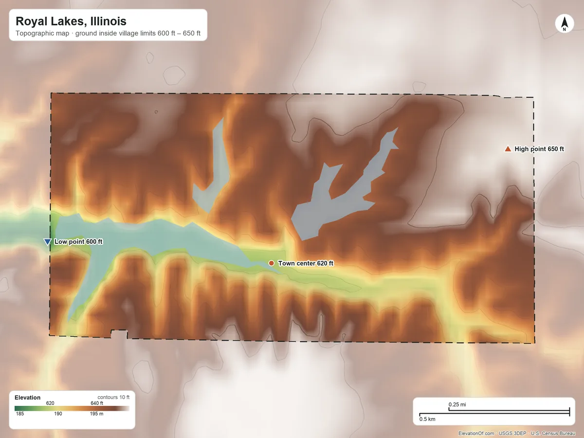 Topographic elevation map of Royal Lakes, Illinois, shaded from 600 ft on the west side to 650 ft on the northeast side