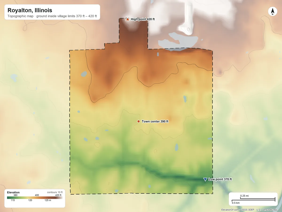 Topographic elevation map of Royalton, Illinois, shaded from 370 ft on the southeast side to 420 ft on the north side