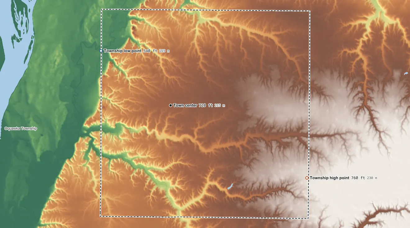 Topographic elevation map of Rozetta Township, Illinois, shaded from 540 ft on the northwest side to 760 ft on the southeast side