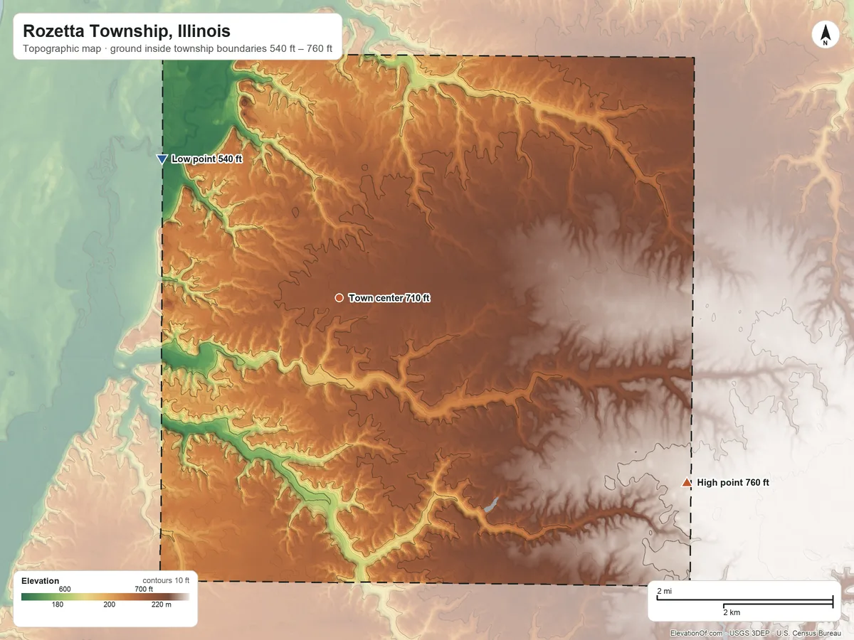 Topographic elevation map of Rozetta Township, Illinois, shaded from 540 ft on the northwest side to 760 ft on the southeast side