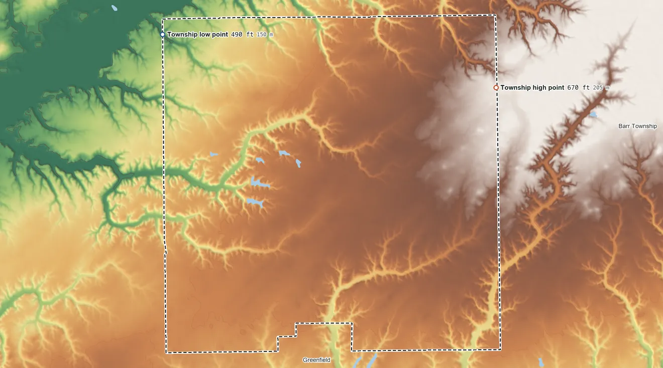 Topographic elevation map of Rubicon Township, Illinois, shaded from 490 ft on the northwest side to 670 ft on the northeast side