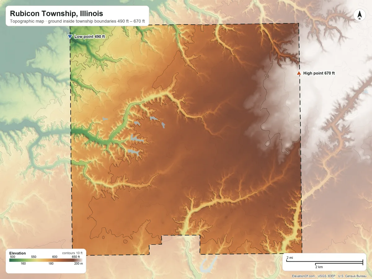 Topographic elevation map of Rubicon Township, Illinois, shaded from 490 ft on the northwest side to 670 ft on the northeast side