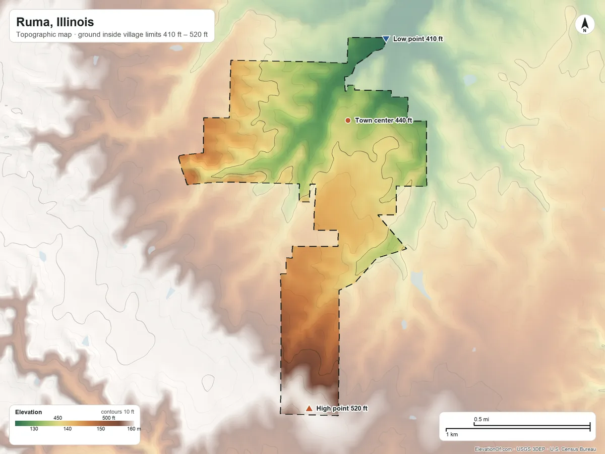 Topographic elevation map of Ruma, Illinois, shaded from 410 ft on the northeast side to 520 ft on the south side