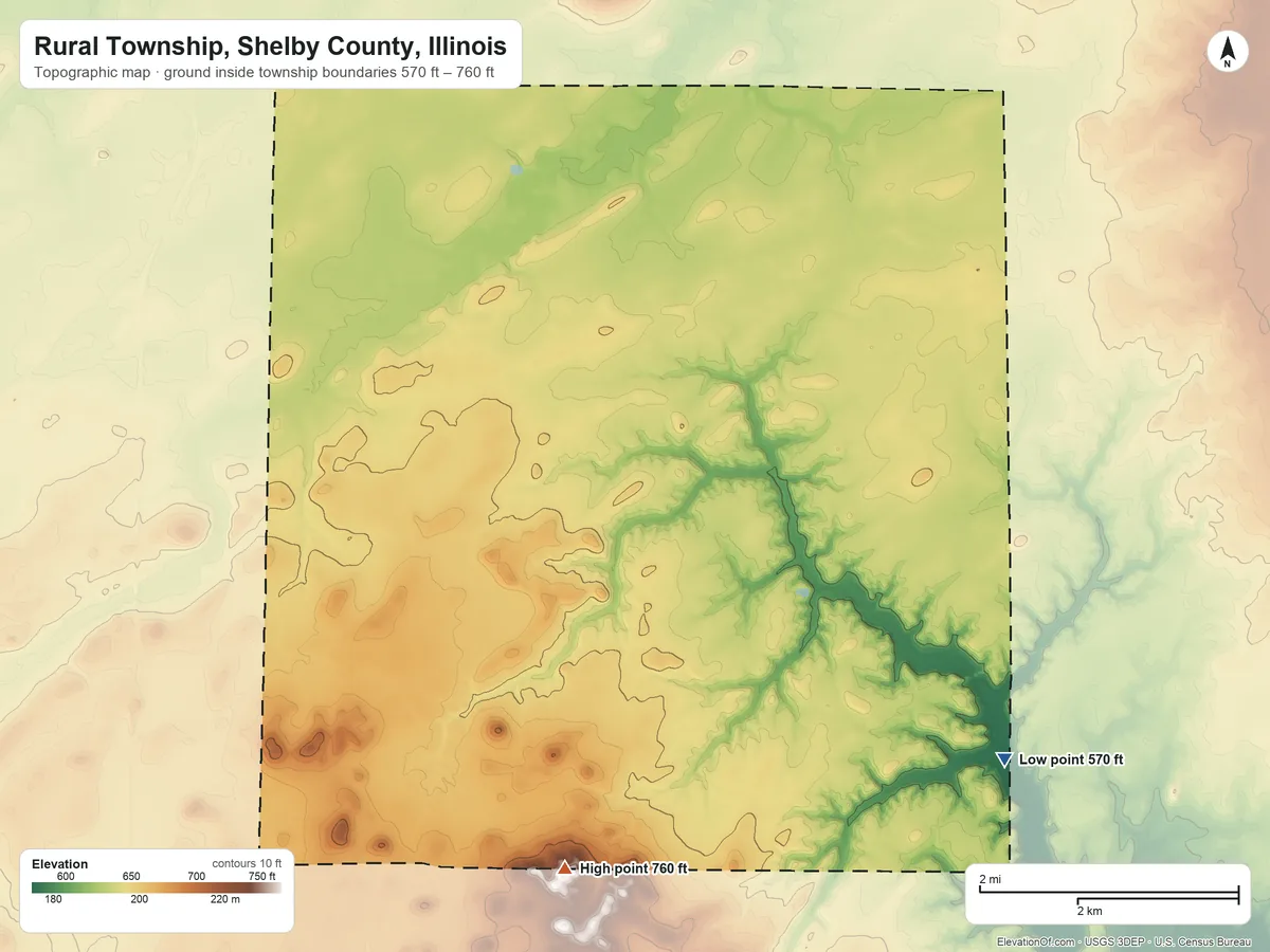 Topographic elevation map of Rural Township, Shelby County, Illinois, shaded from 570 ft on the southeast side to 760 ft on the south side