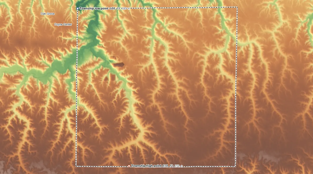 Topographic elevation map of Rural Township, Illinois, shaded from 600 ft on the northwest side to 830 ft on the south side