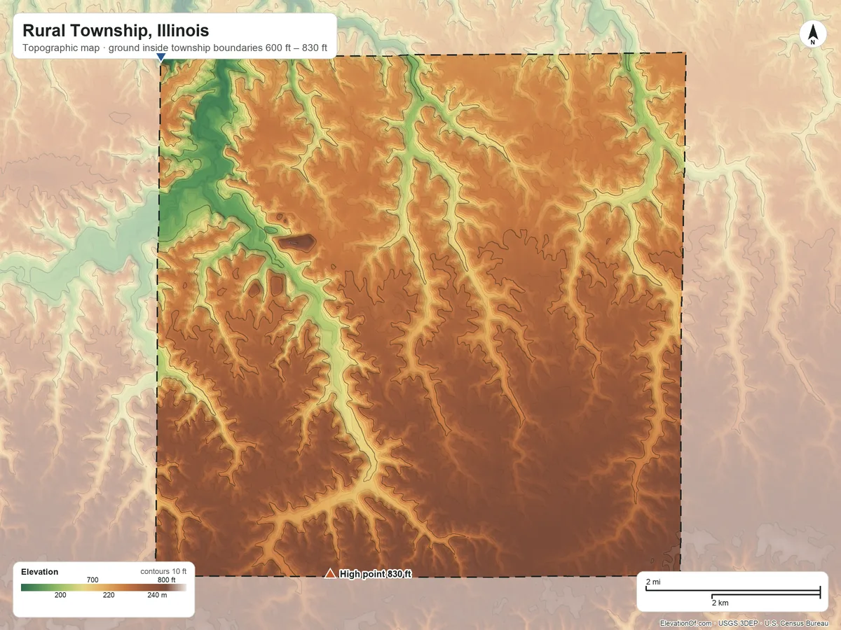 Topographic elevation map of Rural Township, Illinois, shaded from 600 ft on the northwest side to 830 ft on the south side