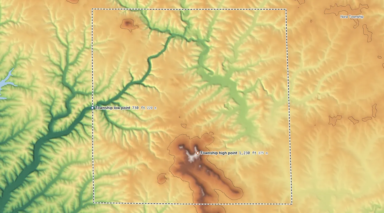 Topographic elevation map of Rush Township, Illinois, shaded from 730 ft on the west side to 1,230 ft on Benton Mound