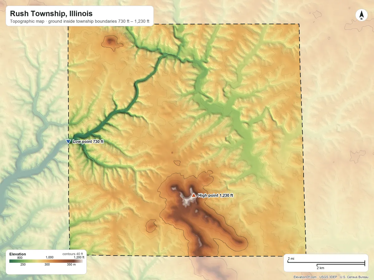 Topographic elevation map of Rush Township, Illinois, shaded from 730 ft on the west side to 1,230 ft on Benton Mound