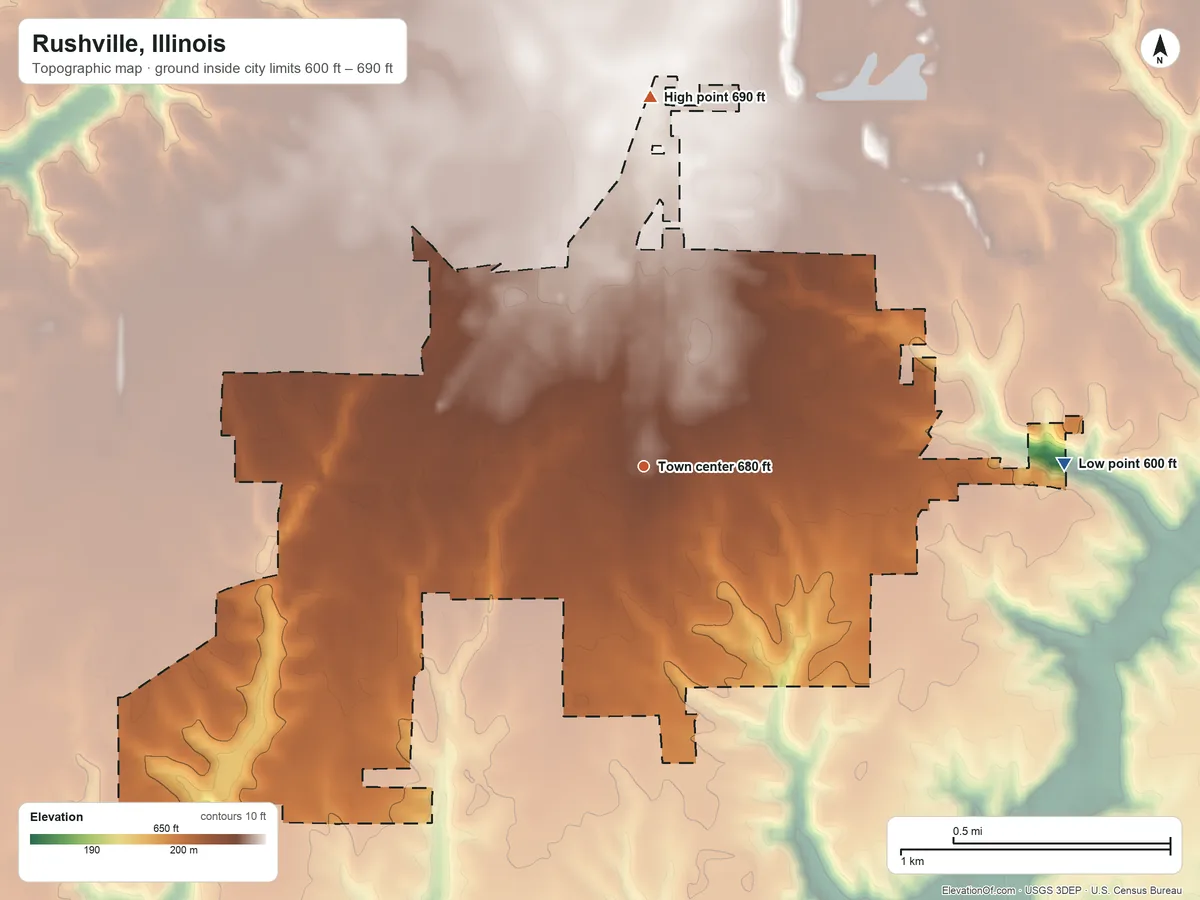 Topographic elevation map of Rushville, Illinois, shaded from 600 ft on the east side to 690 ft on the north side