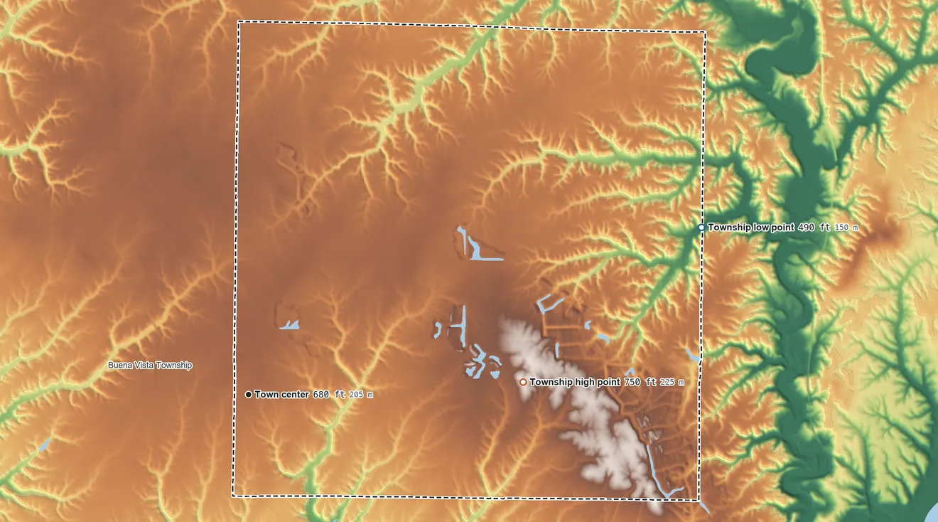 Topographic elevation map of Rushville Township, Illinois, shaded from 490 ft on the east side to 750 ft on the east side