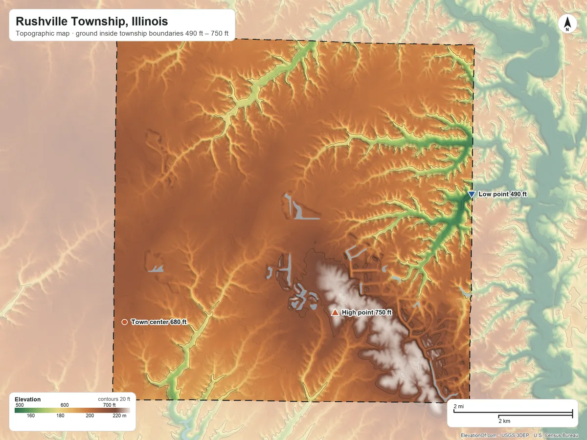 Topographic elevation map of Rushville Township, Illinois, shaded from 490 ft on the east side to 750 ft on the east side