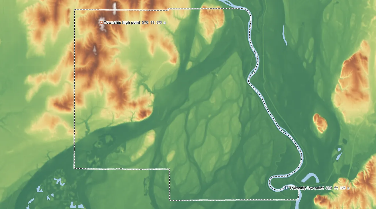 Topographic elevation map of Russell Township, Illinois, shaded from 410 ft on the southeast side to 570 ft on the northwest side