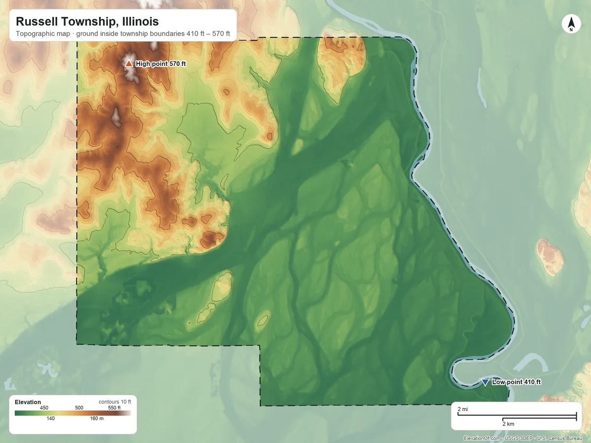Topographic elevation map of Russell Township, Illinois, shaded from 410 ft on the southeast side to 570 ft on the northwest side