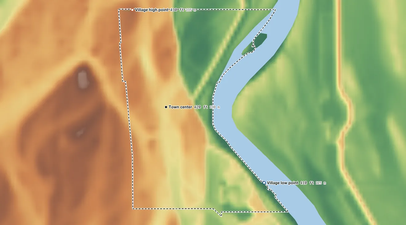 Topographic elevation map of Russellville, Illinois, shaded from 410 ft on the southeast side to 430 ft on the north side
