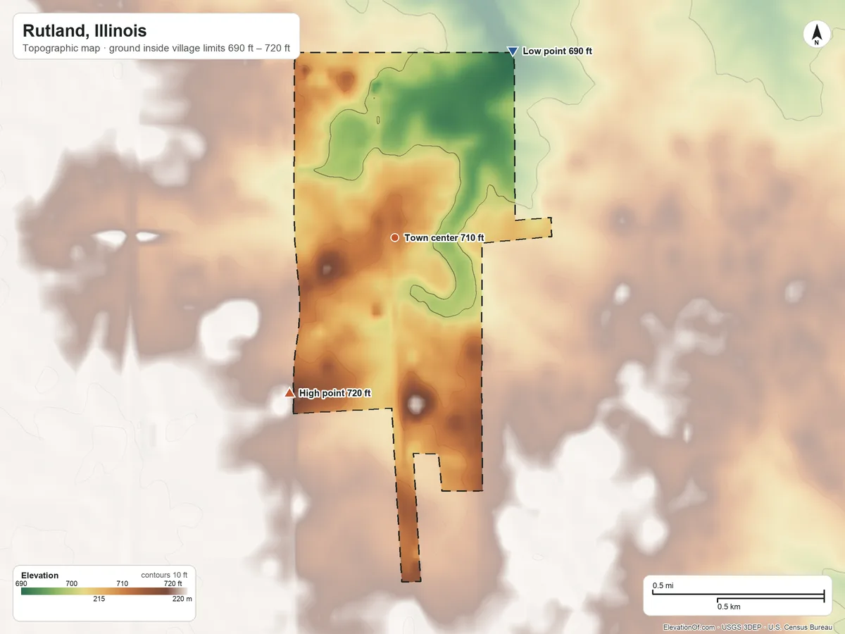 Topographic elevation map of Rutland, Illinois, shaded from 690 ft on the northeast side to 720 ft on the southwest side