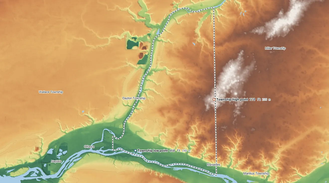 Topographic elevation map of Rutland Township, LaSalle County, Illinois, shaded from 460 ft on the west side to 770 ft on the northeast side
