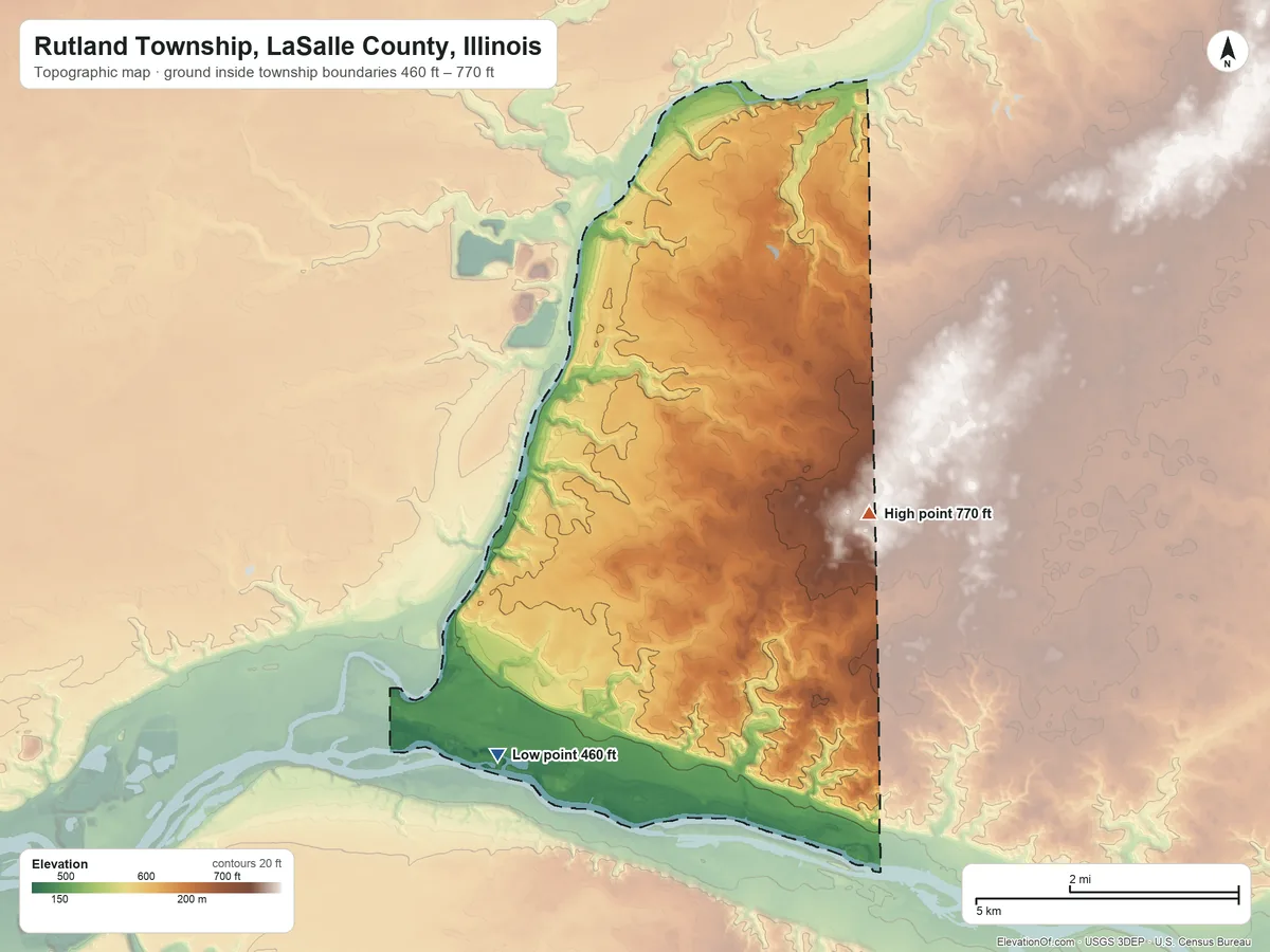 Topographic elevation map of Rutland Township, LaSalle County, Illinois, shaded from 460 ft on the west side to 770 ft on the northeast side