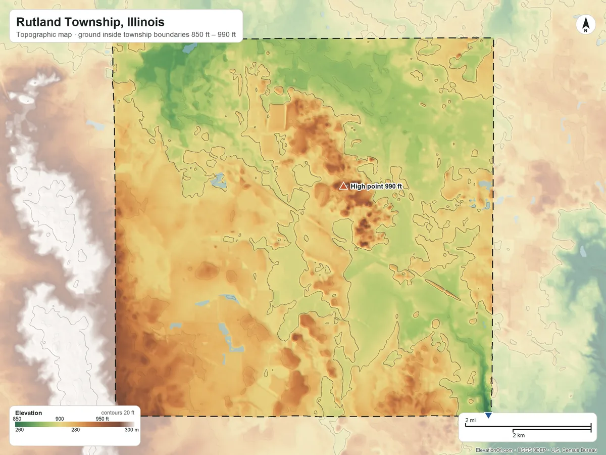 Topographic elevation map of Rutland Township, Illinois, shaded from 850 ft on the southeast side to 990 ft on the northeast side