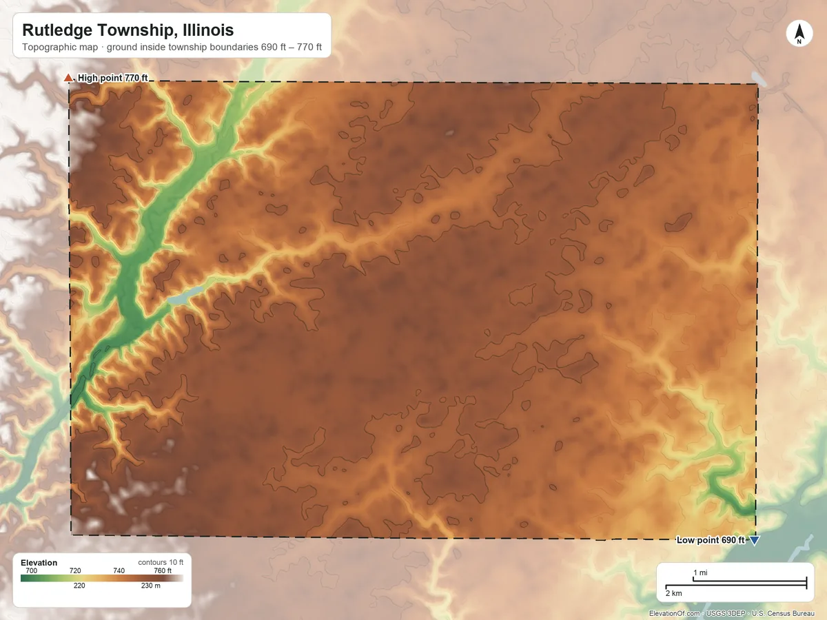 Topographic elevation map of Rutledge Township, Illinois, shaded from 690 ft on the east side to 770 ft on the northwest side