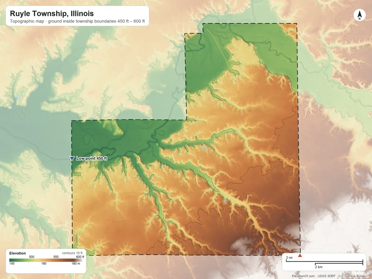 Topographic elevation map of Ruyle Township, Illinois, shaded from 450 ft on the west side to 600 ft on the southeast side