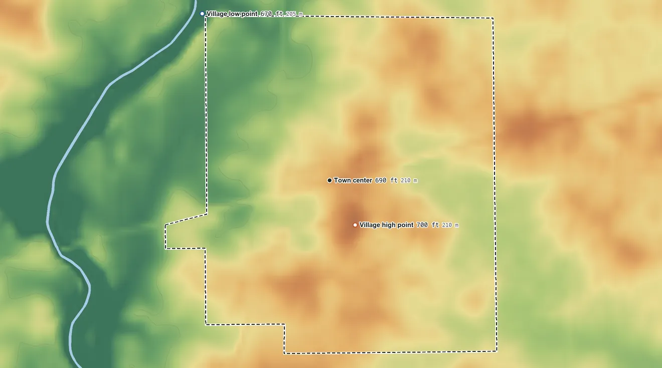 Topographic elevation map of Sadorus, Illinois, shaded from 670 ft on the northwest side to 700 ft on the southeast side