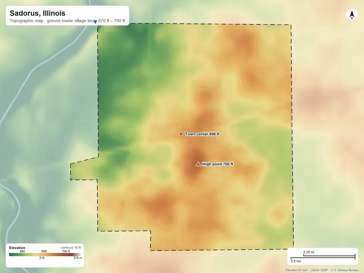 Topographic elevation map of Sadorus, Illinois, shaded from 670 ft on the northwest side to 700 ft on the southeast side