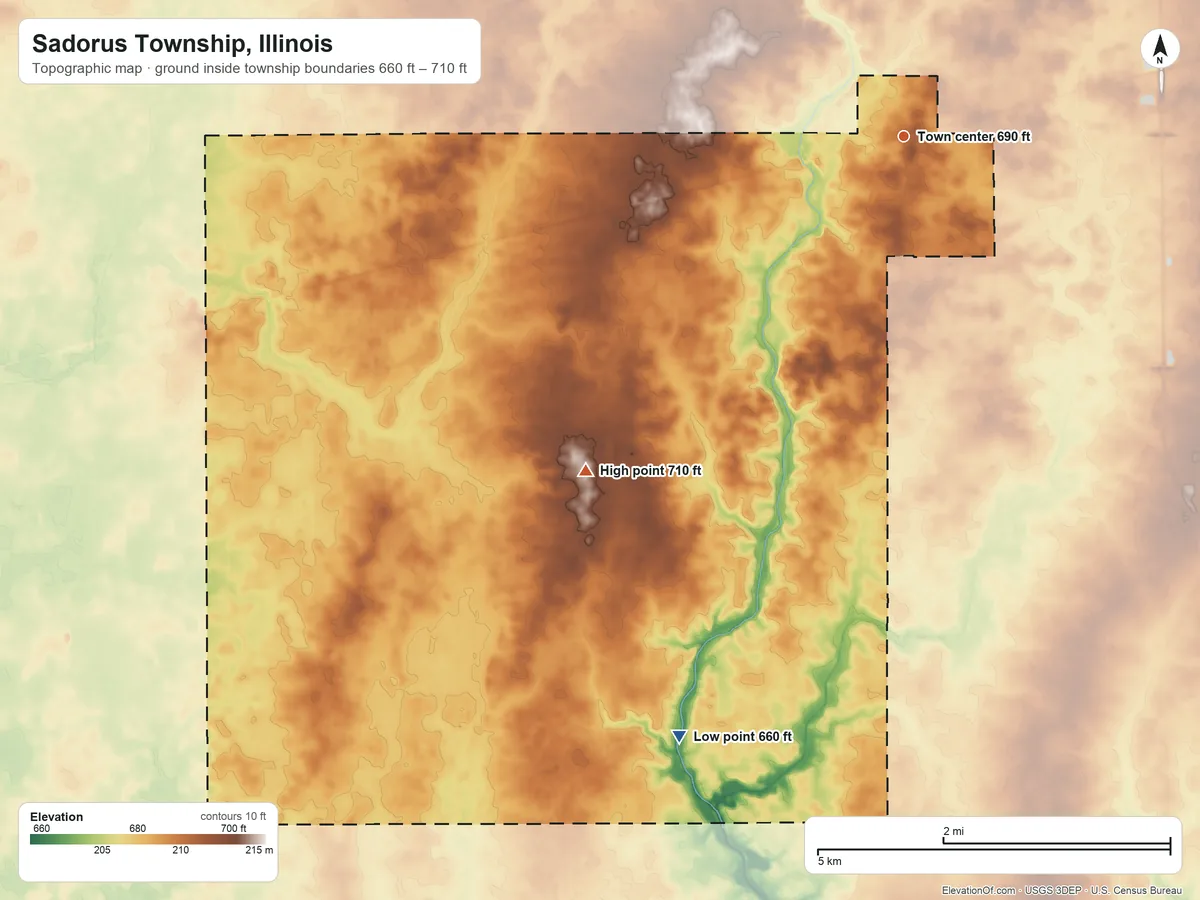 Topographic elevation map of Sadorus Township, Illinois, shaded from 660 ft on the south side to 710 ft on the southwest side