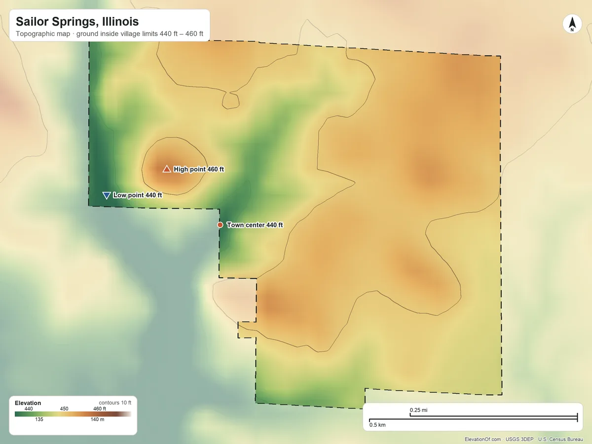 Topographic elevation map of Sailor Springs, Illinois, shaded from 440 ft on the west side to 460 ft on the northwest side