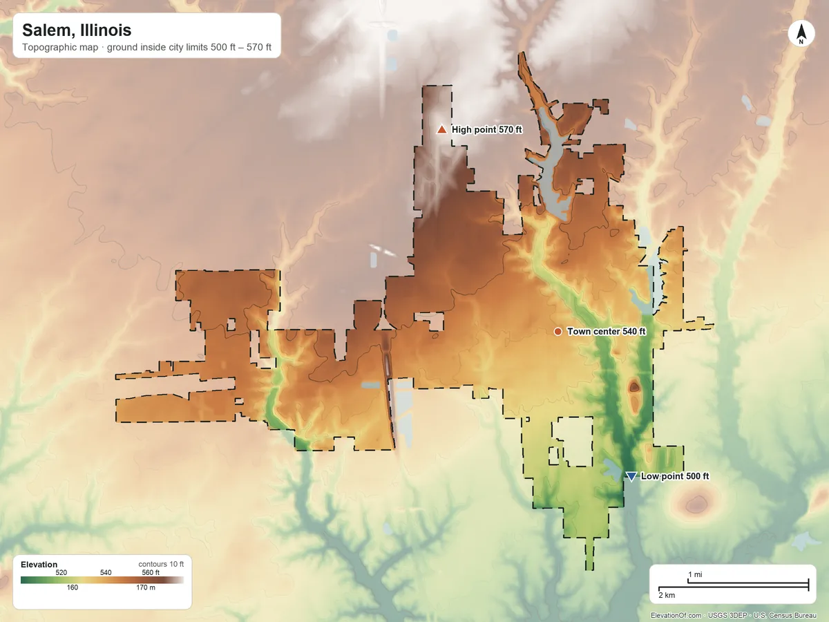 Topographic elevation map of Salem, Illinois, shaded from 500 ft on the southeast side to 570 ft on the northwest side