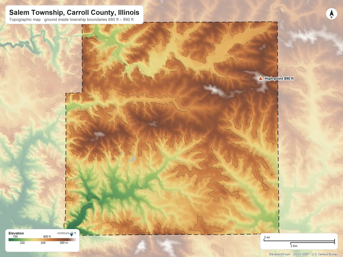Topographic elevation map of Salem Township, Carroll County, Illinois, shaded from 680 ft on the southwest side to 890 ft on the east side
