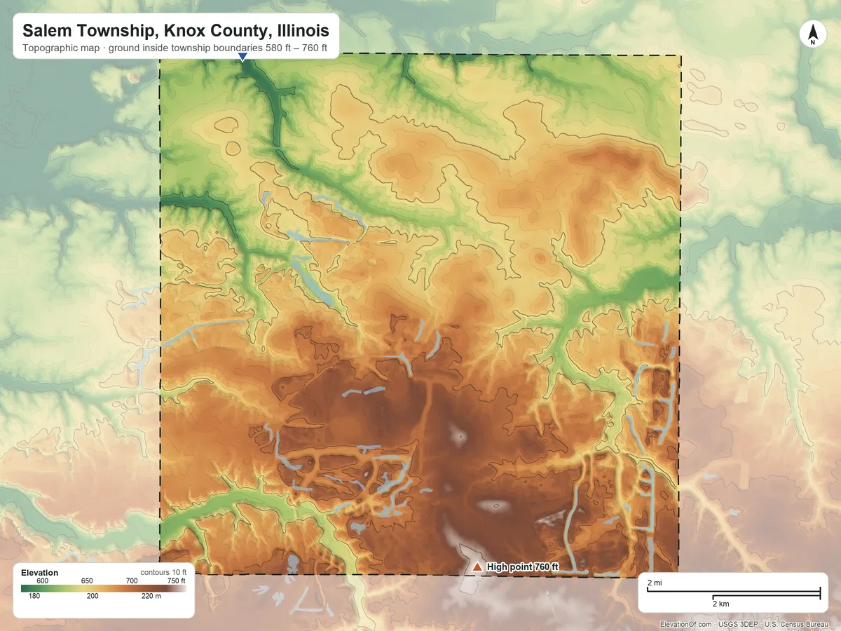Topographic elevation map of Salem Township, Knox County, Illinois, shaded from 580 ft on the northwest side to 760 ft on the south side