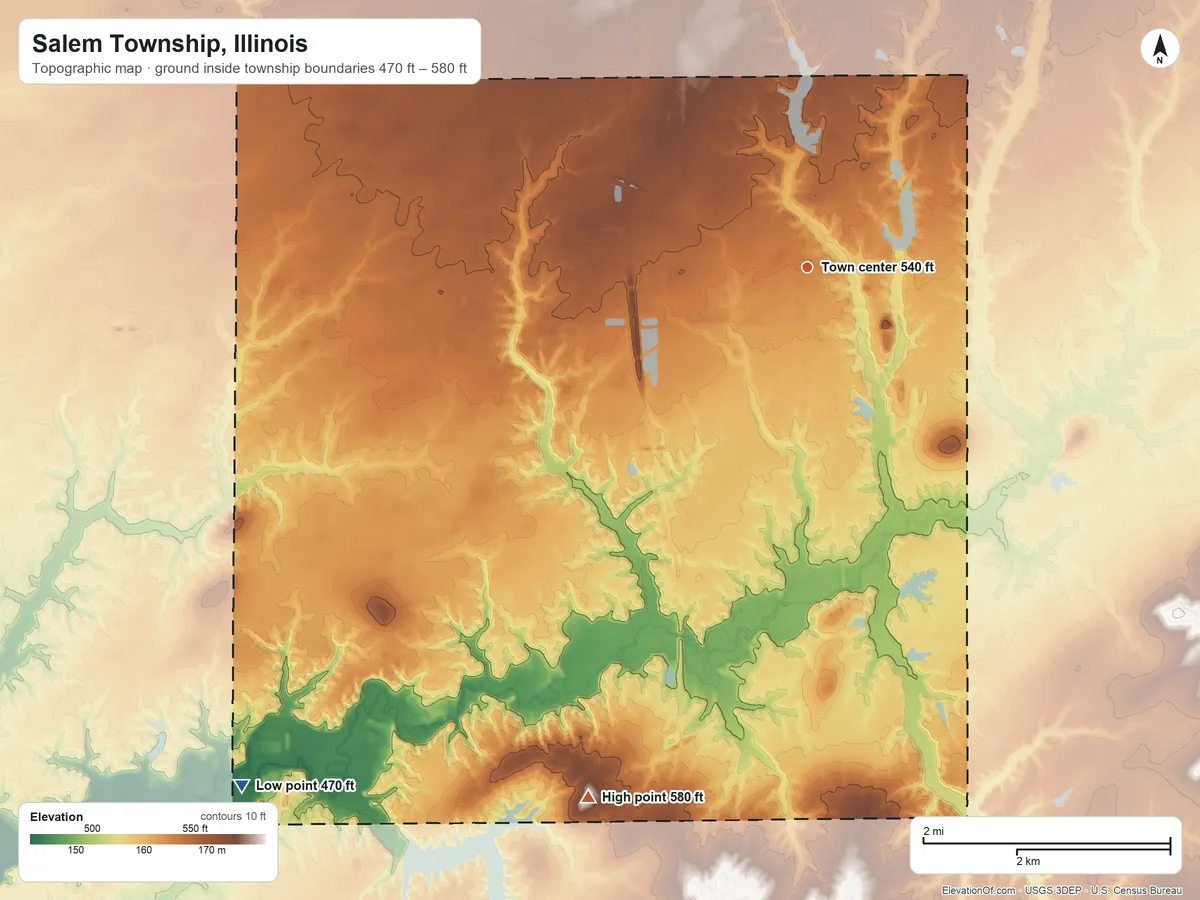 Topographic elevation map of Salem Township, Illinois, shaded from 470 ft on the southwest side to 580 ft on the south side